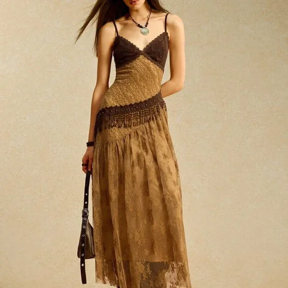 Brown Boho Lace Patchwork Women's Cheetah Print Maxi Sundress - Picture 1 of 7